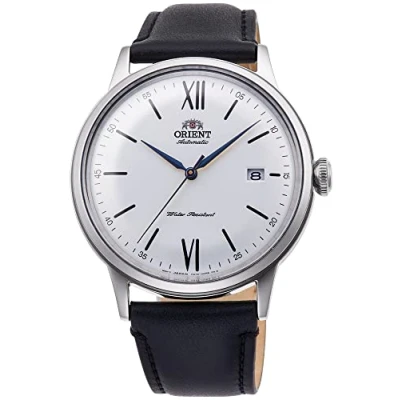 Afbeelding van Orient Bambino V6 Automatisch herenhorloge, met hand opwinden, mechanisch, klassiek, leer zilver, riem