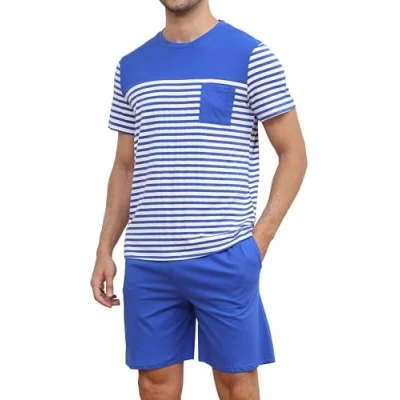 Afbeelding van Reliwel pyjama heren korte katoenen tweedelige set zomer shorty met ronde hals T shirt en pyjamabroek zak zachte nachtkleding huispak sleepwear, blauw., XXL