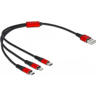 Afbeelding van Delock USB Charging Cable 3 in 1 Type A to Lightning™ / 2 x C™ 30 cm black red
