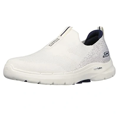Afbeelding van Skechers Heren Gowalk 6 stretch pasvorm om aan te trekken, atletische loopschoen, wandelschoen, Wit marineblauw, 41.5 EU