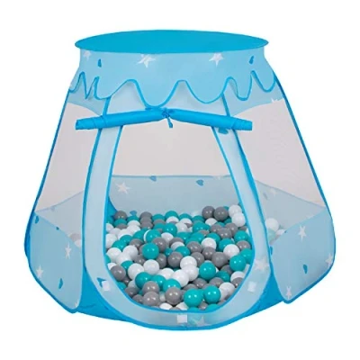 Afbeelding van Selonis Pop Up Speeltent Voor Kinderen 100 Ballen Magisch Kasteel Met Kleurrijke Draagbaar Gemakkelijk Opvouwbaar Veilig En Leuk Binnen Buiten Spelen, Blauw:Wit Grijs Turkoois