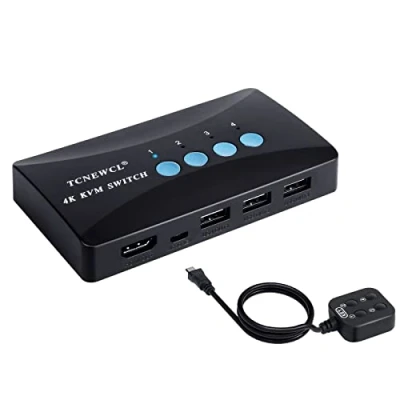 Afbeelding van TCNEWCL HDMI KVM Switch 4 Poorten Schakelkast voor PC 1 Monitor Delen 3 USB Hub Connect Toetsenbord, Muis, Scanner, Printer, Sticks, Ondersteuning 3840x2160/4Kx2K @30hz