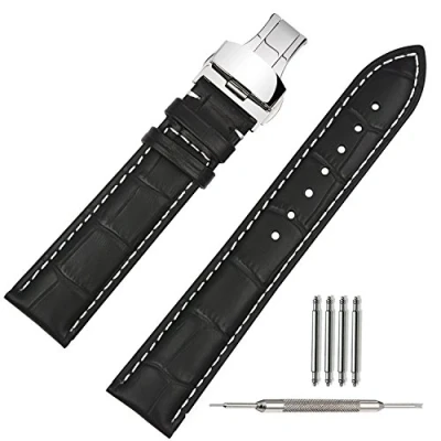 Afbeelding van TStrap Horlogebandje, heren, leer, zwart, met roestvrijstalen vouwsluiting, 18 mm/19 mm/20 mm/21 mm/22 mm, Zwarte witte naad., 19 Riemen.
