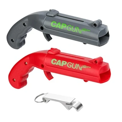 Afbeelding van Cap Gun Flesopener 2 verpakkingen bieropener fles flessendop pistool shooter guncher opener bierdekselpistool voor thuis bar party (grijs + rood)