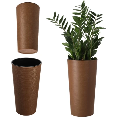Afbeelding van KADAX bloempot met houtspaanders, elegante uitneembare inzet, bloempotbescherming voor kantoor, bloembak, pot, tuinschaal (diameter 30 cm, bruin)