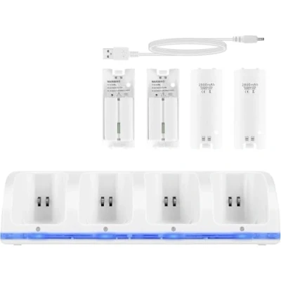 Afbeelding van SOONHUA Oplaadstation voor Wii, 4 IN 1 laaddok, laadstandstation met oplaadbare batterijen en LED indicatoren Wii afstandsbediening