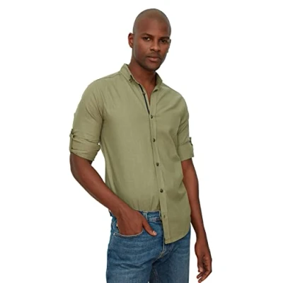 Afbeelding van Trendyol Mint Button Down Kraag Epauletten Slim Fit Lange Mouw 100% Katoen Linnen Look Overhemd Tmnss20Go0189
