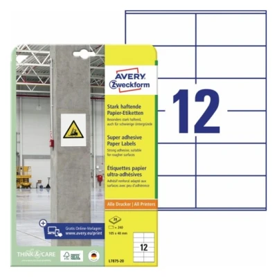 Afbeelding van Avery Zweckform L7875 20 ( 105 x 48 mm, Wit, 240 stuk(s), Permanent hechtend, Sterk hechtend