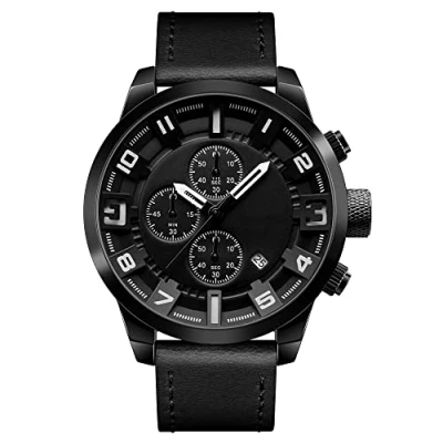 Afbeelding van FeiWen Heren Mode Casual Analoge Quartz Horloges Kalender Datum Rvs Case met Lederen Band Stopwatch Zakelijk Horloge Sub Dial, Zwart, riem