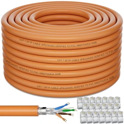 Afbeelding van Ethernetkabel 100m, Cat 7 Afgeschermde S/FTP Netwerkkabel Buiten Hoge Snelheid 10Gbps 600Mhz LAN Kabel Lange Internetkabel Wifi Bulk Wlan Oranje Installatie voor Modem Router