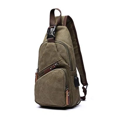 Afbeelding van FANDARE Modieuze borsttas voor heren, canvas tas, schoudertas met USB, schoudertas, slingtas fietsen, avontuur, reizen, Groen, L