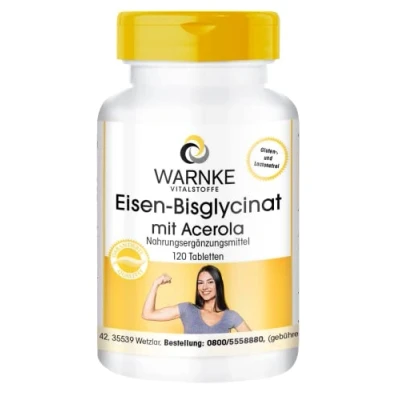 Afbeelding van Ijzer biscglycinaat met acerola, 120 tabletten, 40 mg ijzer, elementgehalte uit eigen productie hoge dosis, veganistisch Warnke Vitalstoffe Duitse apothekerskwalitei