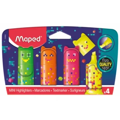 Afbeelding van Maped Pixel Party Mini Markeerstiften Kleine originele zakmarkeerstiften in karaktervorm 5 kleuren: groen, oranje, roze, geel en blauw.