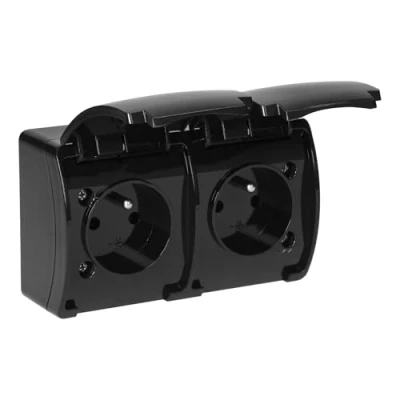 Afbeelding van Miratic Dubbel Stopcontact 2x2P+Z IP44 Type E Frans Opbouw Waterdichte Stekkerdoos voor Buiten Gebruik (Zwart)
