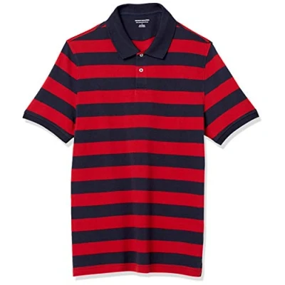 Afbeelding van Amazon Essentials Men&#039;s Poloshirt van piqué katoen met slanke pasvorm, Marineblauw Rood Rugby, gestreept, XL