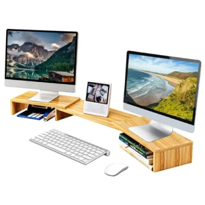 Afbeelding van Fleau Home Verstelbare Monitor Verhoger Laptopstandaard Ergonomische Bureau organizer Dubbele Monitorstandaard met Lade Verhoging Hout