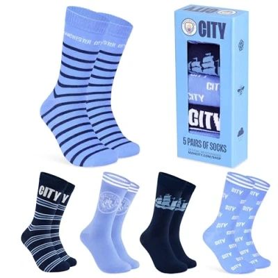 Afbeelding van Manchester City FC Herensokken, 5 stuks crewsokken voor mannen, tieners, zacht, ademend, maat 8 13, stadsgeschenken hem, Blauw, one size