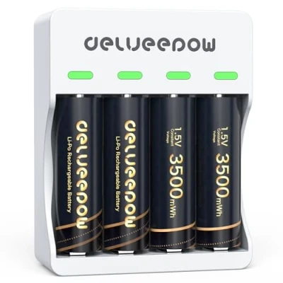 Afbeelding van Delyeepow Oplaadbare batterijen AA met oplader, 3500 mWh 1,5 V lithium batterijen, oplaadbaar, acculader lcd display, 4 sleuven, snel opladen via USB, 2 uur