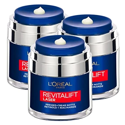 Afbeelding van L&#039;Oréal Paris Revitalift Laser nachtcrème tegen rimpels corrigeert stralende huid formule met retinol en niacinamide drukdispenser, 3 blikjes à 50 ml