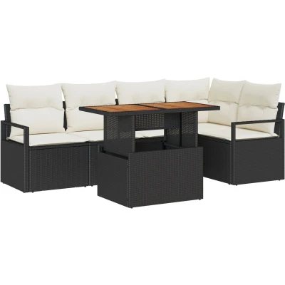Afbeelding van vidaXL 6 Delige Tuin Sofa Set met Kussens Zwart Poly Rattan Acacia, 2 Persoons