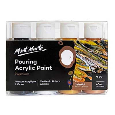 Afbeelding van Mont Marte Acrylverf Pouring Set Celestial 4 stuks x 60ml Premium voorgemengd met Medium Lampen Zwart, Titaniumwit, Goud, Brons