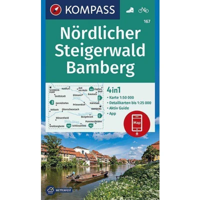 Afbeelding van 167 nordlicher steigerwald bamberg: 4in1 Wanderkarte mit Aktiv Guide und Detailkarten inklusive Karte zur offline Verwendung in der KOMPASS App. Fahrradfahren.