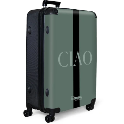 Afbeelding van NoBoringSuitcases.com® Koffer groot Reiskoffer lichtgewicht Groene achtergrond met tekst CIAO Rolkoffer 4 wielen Grote trolley XL 98 liter bagage