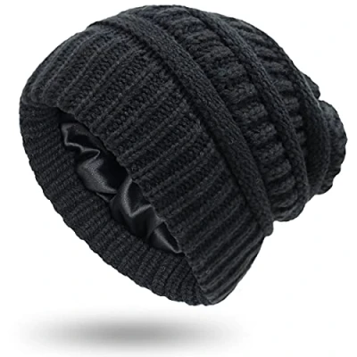 Afbeelding van XRDSS Dames warme winterhoeden unisex satijn gevoerd slouchy kabel gebreide muts, Zwart, 6 7/8 7