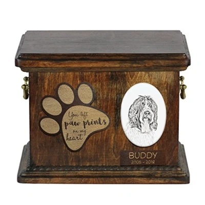 Afbeelding van Art Dog Custom Memorial Urn Handgemaakt Koud Gegoten Bronzen Portret op Berken Basis met Gepersonaliseerde Keramische Plaat 8,3x11,4x8,7 Schapendoes