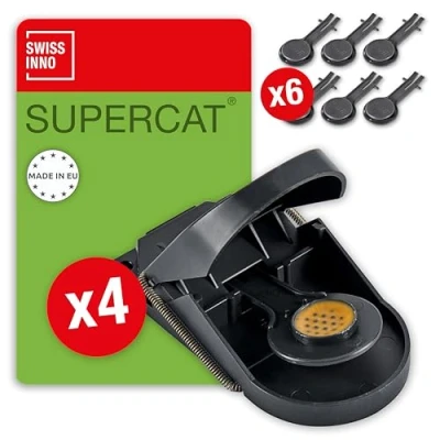 Afbeelding van SWISSINNO muizenval SuperCat: Efficiënt + herbruikbaar niet giftig voedselaas. voor binnen buiten gebruik. Veilig kinderen huisdieren. Made in EU: 4x vallen 6x lokaas inzetstukken.