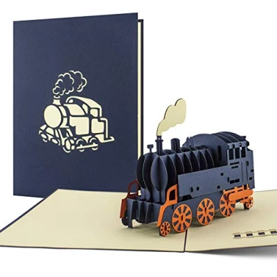 Afbeelding van Pop up kaart,Cadeau of verjaardagskaart voor liefhebbers van stoomlocomotieven,3D vouwkaart,Trein cadeau idee,Verjaardag,Reisvoucher,Treinreis,T09,Zwart
