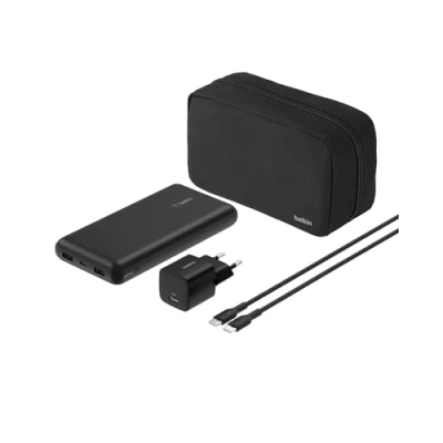 Afbeelding van Belkin Draagbare Oplader, 4 in 1 oplaadbundel met een 20000 mAh power bank, 25 W USB C wandlader, 60 kabel en opbergtasje snellader voor meerdere apparaten, compact, op reis