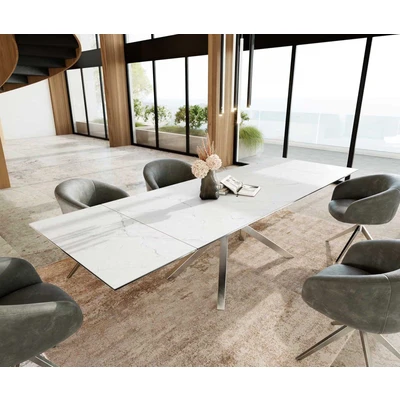 Afbeelding van DELIFE Eetkamertafel Edge 200 300x100 keramiek Laminam®Statuarietto Weiß kruisframe rechthoek RVS uitschuifbaar