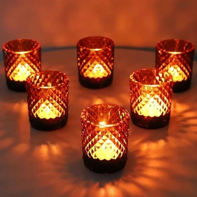 Afbeelding van Vohocandle 12 stuks theelichtglazen in vintage stijl, glazen theelichthouders voor bruiloftstafeldecoratie, bruine glas Thanksgiving