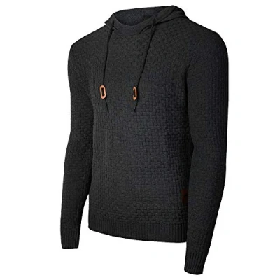 Afbeelding van Genfien Heren casual lange mouwen trechter hals geruite jacquard trui dikke gebreide sport pullover capuchon sweatshirt, Zwart, M