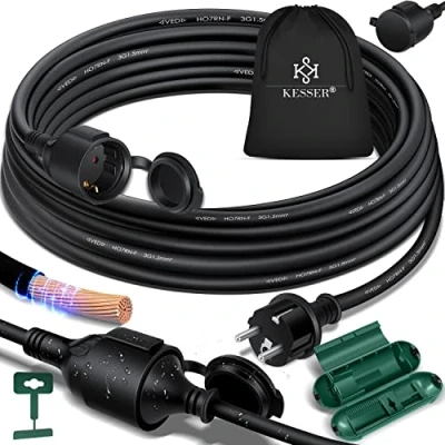 Afbeelding van KESSER® verlengkabel 10 m met beschermkap voor buiten binnen en 230 V IP44 Schuko stekker geaard contact bouwplaatkabel geaarde
