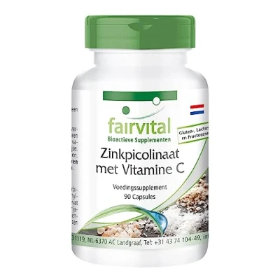 Afbeelding van Fairvital Zinkpicolinaat capsules met vitamine C HOOG GEDOSEERD VEGAN 90 zink picolinaat 15mg per capsule