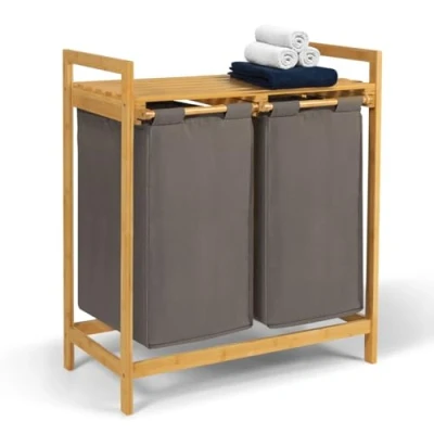Afbeelding van IDMarket Wasmand met 2 bakken, bamboe, BEA, stof, donkergrijs