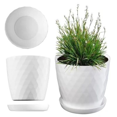 Afbeelding van KADAX Bloempot met Schotel, Plantenpot voor Bloemen, Planten, Kruidenplanten, binnen, Plantenbak van Kunststof, decoratieve Pot, Planter (12 cm, wit)
