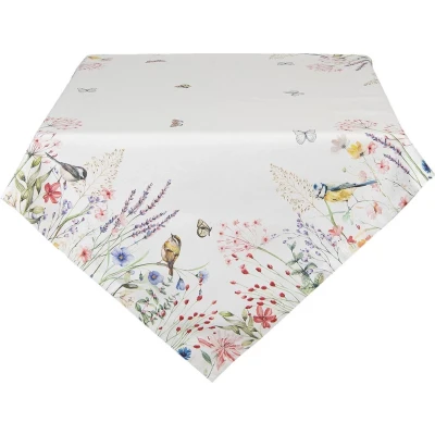 Afbeelding van Clayre &amp; Eef Tafelkleed 130x180 cm Wit Groen Katoen Rechthoek Bloemen Tafellaken