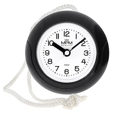 Afbeelding van MPM Quality Design badkamerklok van kunststof, kwartsuurwerk Sweep, 3 5 ATM waterdicht, zwart, Ø 135 mm, ook geschikt voor buiten en als badkamerklok, zwembadklok, keukenklok