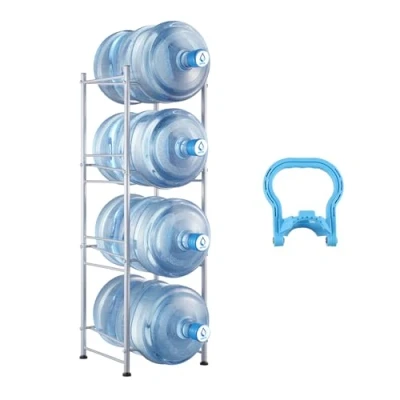 Afbeelding van VEVOR Waterkarafhouder, 4 niveaus, enkele rij, voor flessen, draagkracht 76 kg, robuuste waterkan keuken, kantoor, woonkamer, zilver