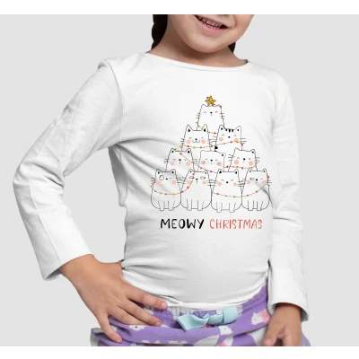 Afbeelding van Kerst / Christmas T Shirt Cadeau Meowy Meisjes Wit Kind 5 6 jaar Maat 116