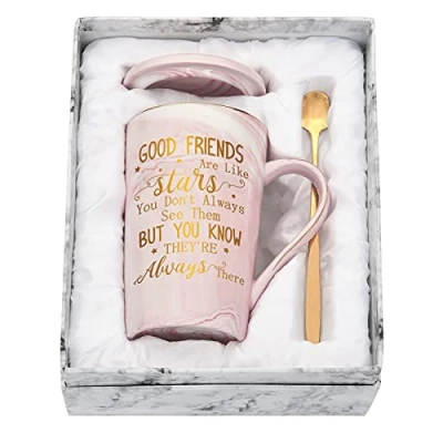 Afbeelding van Joymaking Vriendschapscadeaus voor vrouwen koffiemok set met geschenkdoos Good Friends are Like Stars, vriendschapsgeschenken meisjes 396 ml roze marmeren mok theekop, zuster geschenken