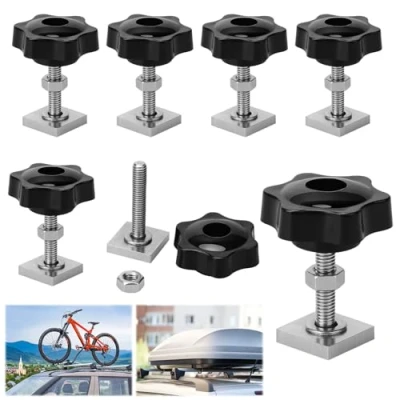 Afbeelding van 6 stuks M8 dakdragers, T groefadapter, sleufbouten, 20 x mm (M8 35 mm) met stergreepmoer en sluitringen, dakkoffer, groefblokken voor dakfietsendrager