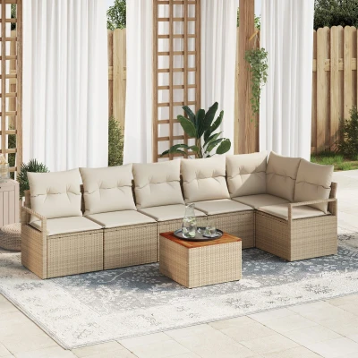 Afbeelding van vidaXL 7 delige tuinsofa set met kussens beige poly rattan acacia