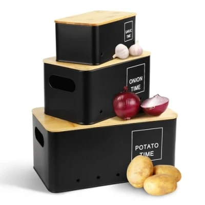 Afbeelding van Lannvan Aardappelopbergdoos, 3 delige set, bewaren van aardappelen, uien en knoflook, houdt groenten langer vers, aardappelpot, uienpot knoflookpot met ventilatiegaten, zwart