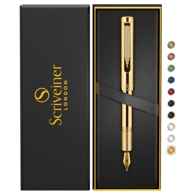 Afbeelding van Scriveiner Vergulde vulpen (medium), bekroonde luxe pen, zware zakpen met 24K gouden afwerking, Schmidt penpunt, converter, beste EDC schrijfpen cadeauset voor mannen en vrouwen, mooie pen