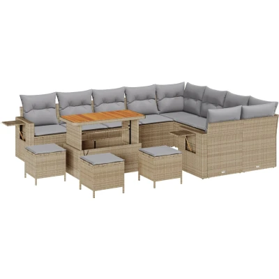 Afbeelding van vidaXL 13 delige tuinsofa set met kussens beige poly rattan acacia, 4 tuin eettafel acacia