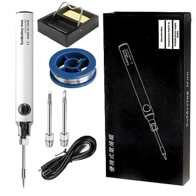 Afbeelding van Treedix Soldeerbout Kit, 8W lasgereedschap met instelbare temperatuur 330 tot 450 ℃, draadloze elektrische soldeerbout/USB oplaadkabel/soldeerstandaard/3 stuks tips voor solderen en repareren (wit)